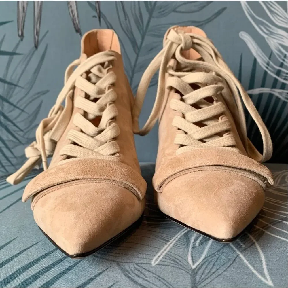 NEW IN BOX Derek Lam Montparnasse tan Suede Lace Up Booties Heels Shoes sz 38